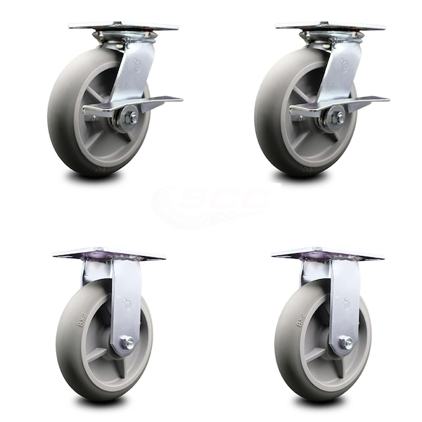 8 Inch Thermoplastic Caster Set with Ball Bearing 2 Brakes and 2 Rigid SCC